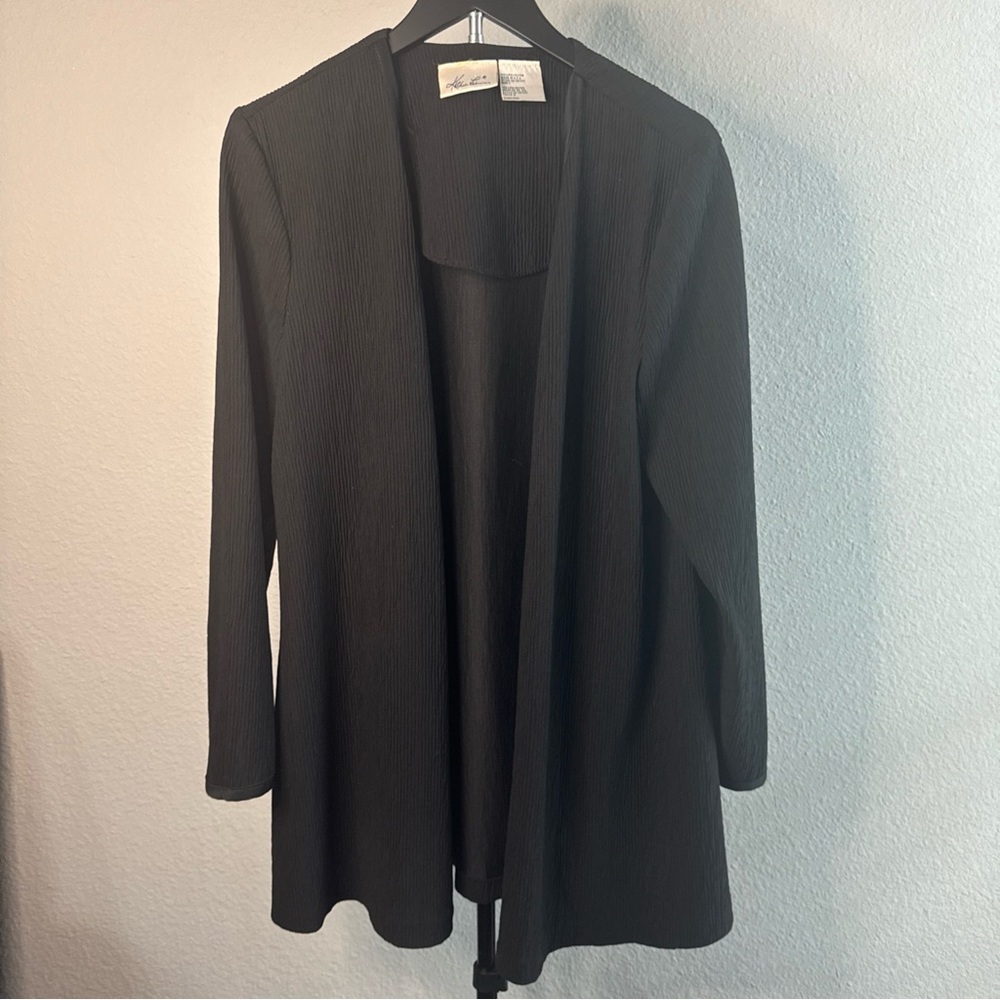 Kathie Lee Textured Knit Open Front Jacket Black Womens L Made In USA Vintage